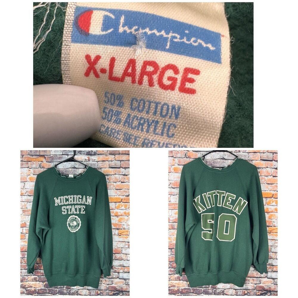 Vintage Champion Michigan St Spartans Sweater Pullover Kitten #50 XL Green